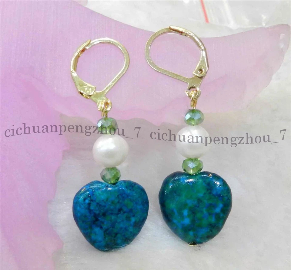 Pendientes de perlas cultivadas blancas reales con gemas de azurita en forma de corazón de 15 mm Foto 3 de 4