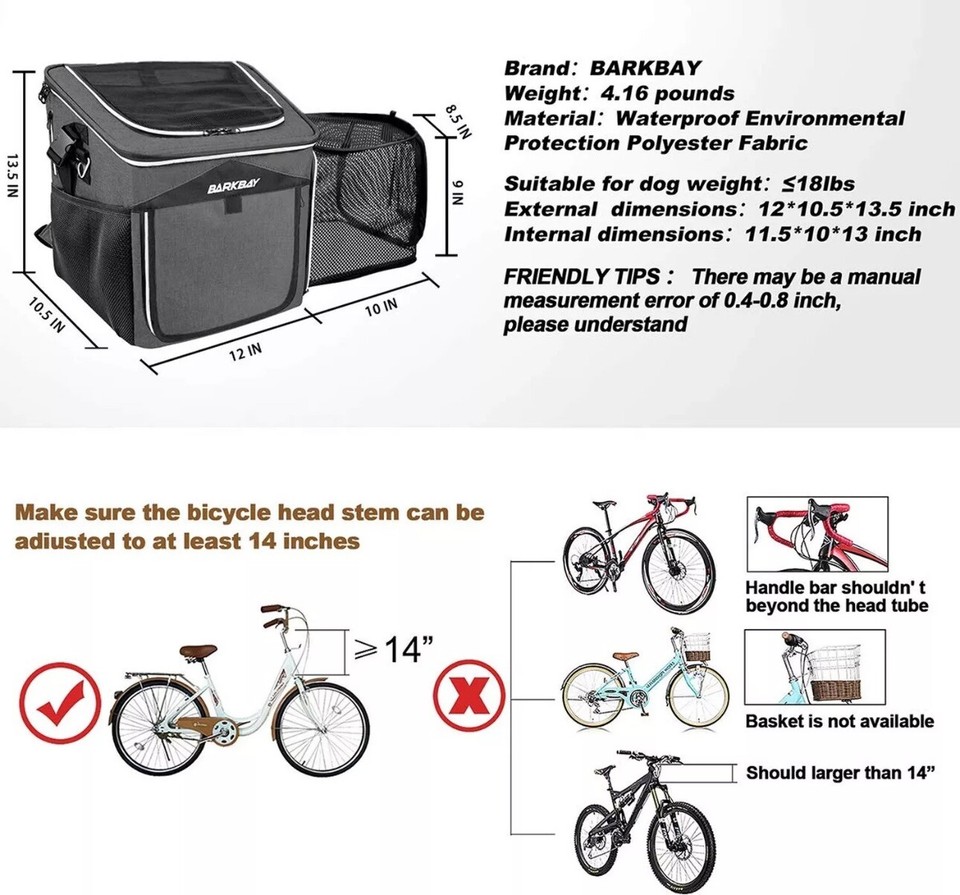 Barkbay Dog Bike Basket Carrier Expandable Foldable Soft side Dog