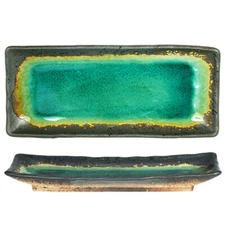 Japanese Sushi Sashimi Serving Plate 11.25"L Ceramic Green Rust Kosui Crackle