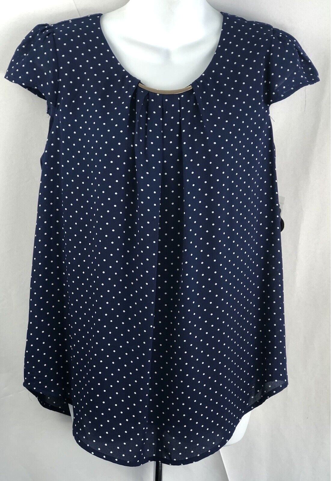 NWT AUW Blue Polka Dot Babydoll Top with Puff Sleeves & Pleats