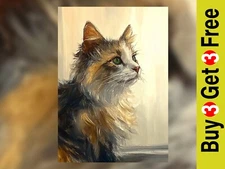 Sunlit Tabby Gaze 5"x7" Print on Matte Paper | Fluffy Cat Oil Painting Art