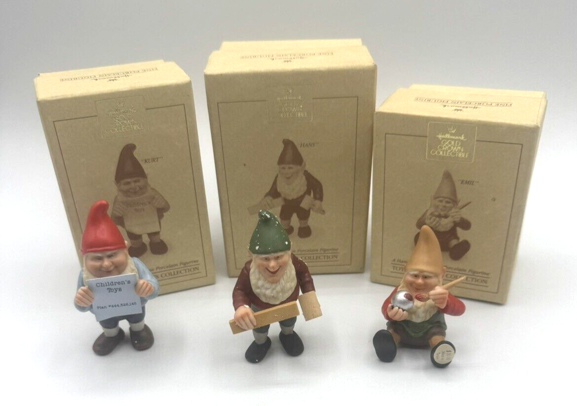 Vintage 1987 Hallmark Gold Crown Toymaker Elves Porcelain Figurines Set of 3