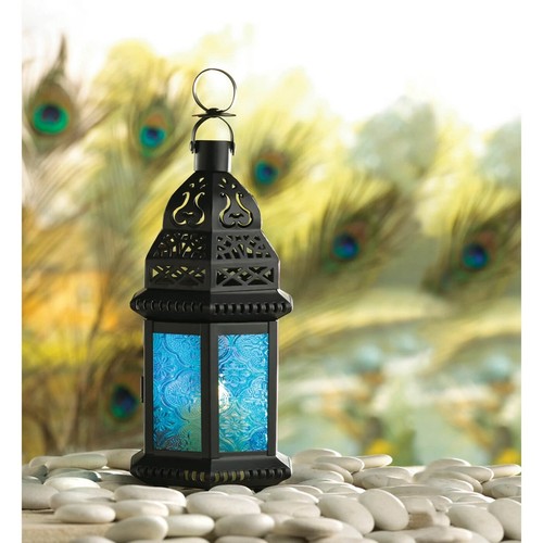 Blue Glass 10" Moroccan Candle Lantern Lamp Light Centerpiece Terrace Home Decor - Picture 5 of 5