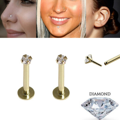 2Ct Lab Created DIAMOND 14K GOLD PUSH THREAD-LESS LIP LABRET EAR TRAGUS STUD