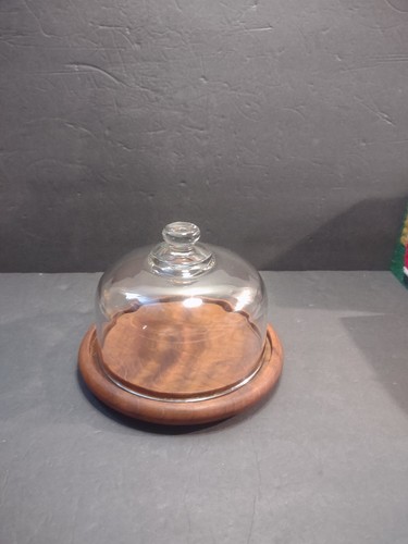 VTG GOODWOOD Glass Dessert Cheese Dome 6" Clear Genuine Teak Wood Tray - Picture 2 of 8
