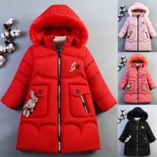 Kids Girls Winter Warm Hooded Coat Padded Thick Parka Long Fur Cotton Jacket UK