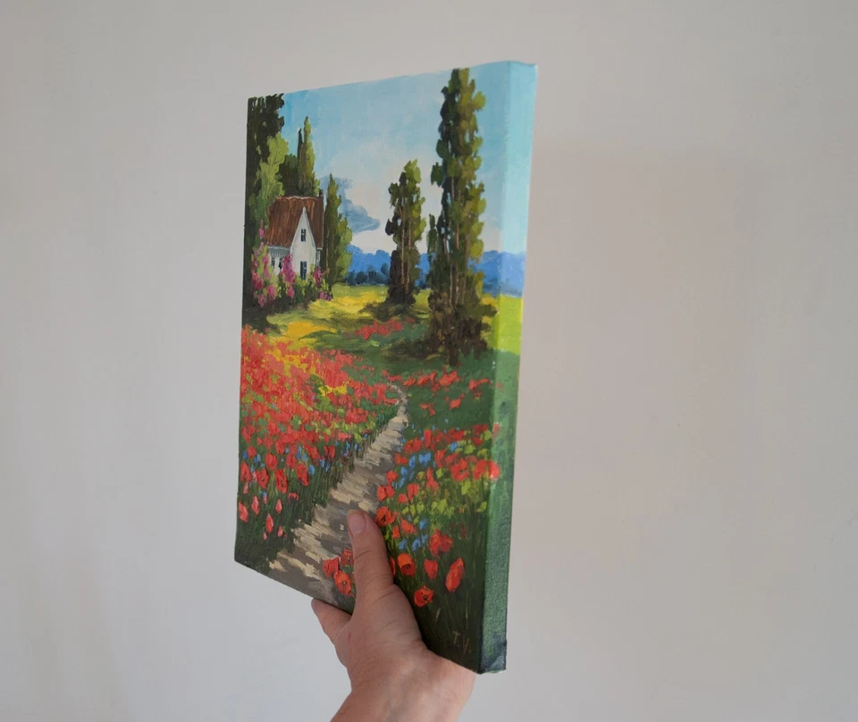 Картина маслом страны пейзаж оригинальное искусство на холсте маки цветочное поле - Изображение 2 из 4