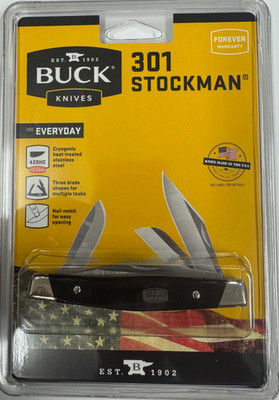 Buck 301 Stockman Black Folding Knife Clip Spey and Sheepsfoot Blades 0301BKS1-C