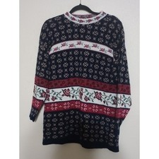 Willow Bay Vintage Floral Fair Isle Knit Sweater Navy Red Rose Made in USA Med