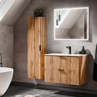 Badezimmer BadmöBelset 80Cm Waschtisch Waschbecken Led Spiegel Hochschrank Eiche