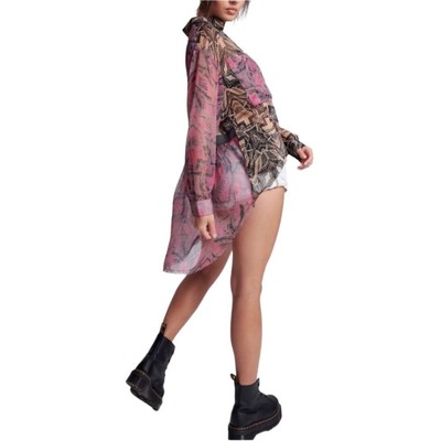 ONE TEASPOON Retro Raw Hem Airy Poly-Chiffon Shirt XS Oversize Coquette Boho Y2K
