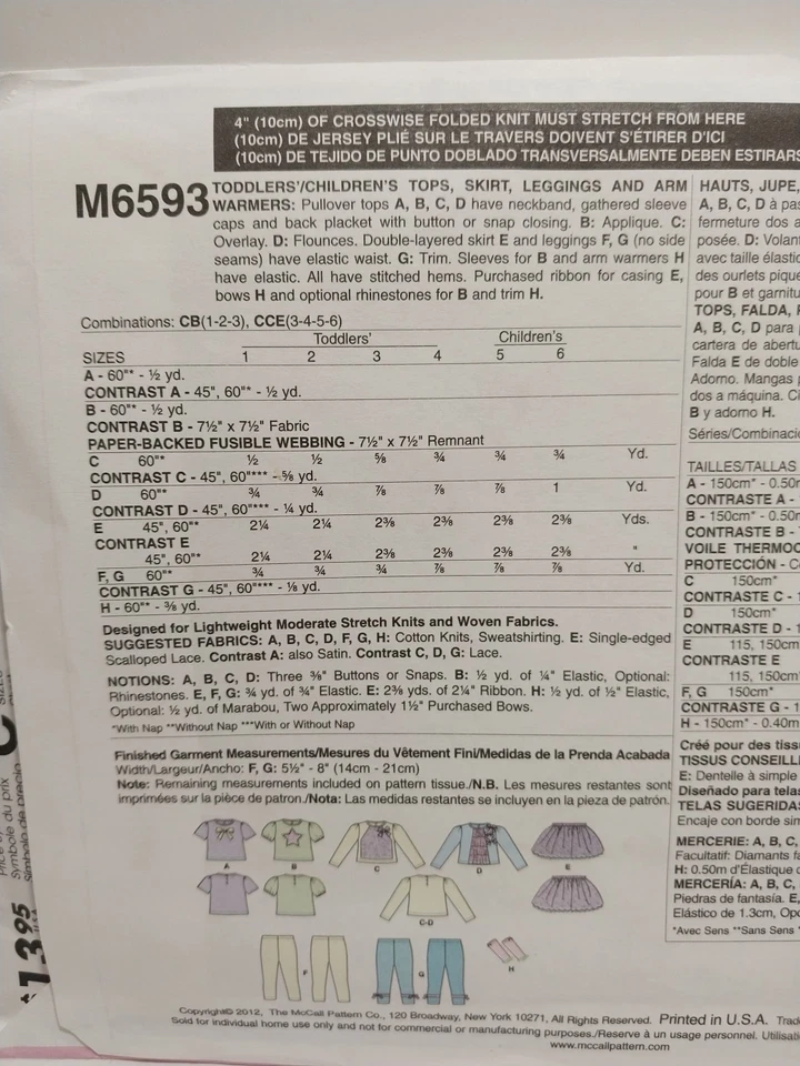 Mccalls M6593 Girls Top, Leggings, Skirt and Arm Warmers Size 3 4 5 6 - Image 4 of 4