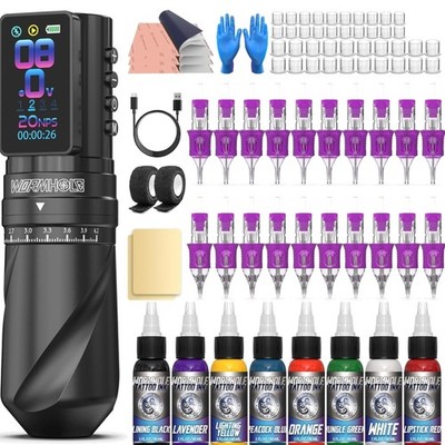 Tattoo Maschine Set kabellos 7 Hubhöhen 2300 mAh Akku LED Display