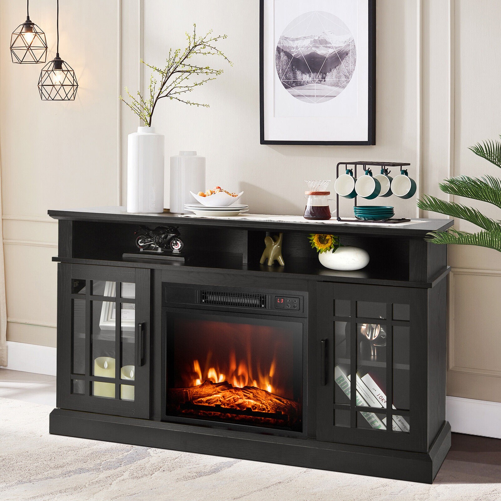 Console Cabinet W/ Fireplace Entertainment Center For Living