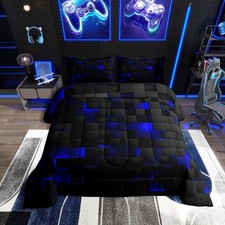 Black Navy Royal Blue Comforter Set Full Neon Geometric Checkered Bedding Set...