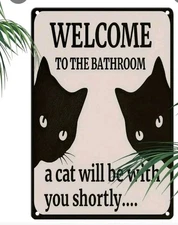 Funny Black Cat Bathroom Sign Peeking Metal Print Welcome A Cat Will Be With You