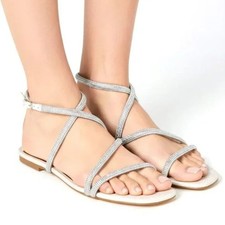Badgley Mischka Ivie Strappy Flat Sandals Size 9 Silver Rhinestone