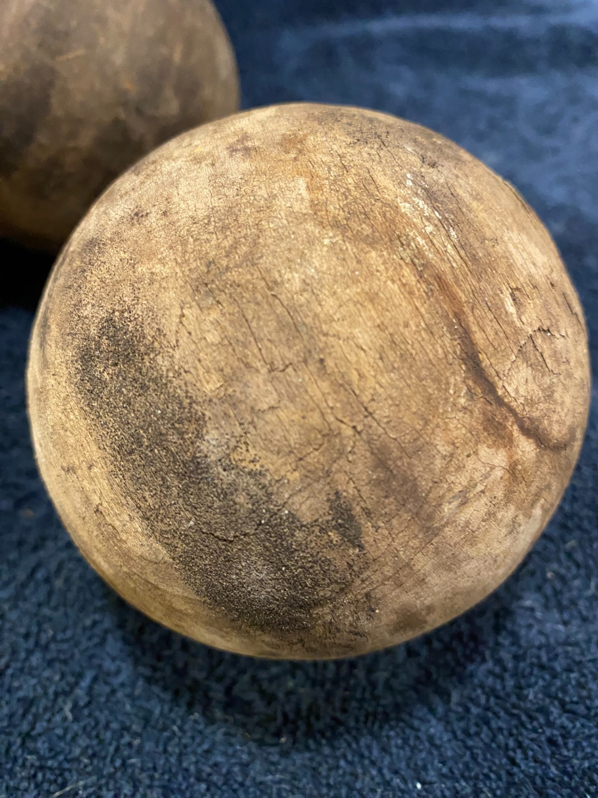 3 Vintage Primitive Wood Croquet Balls, a Vintage Wooden Mallet Head, a Manuel