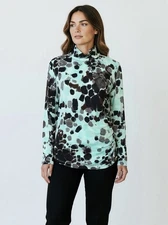 Carlisle Top L Mock Neck Long Sleeve Abstract Geo Ruched Stretch Green Multi