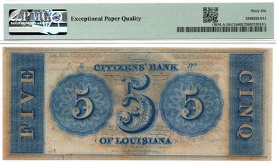 1850-60s $5 Citizens Bank of Louisiana Obsolete Note -PMG 66 EPQ