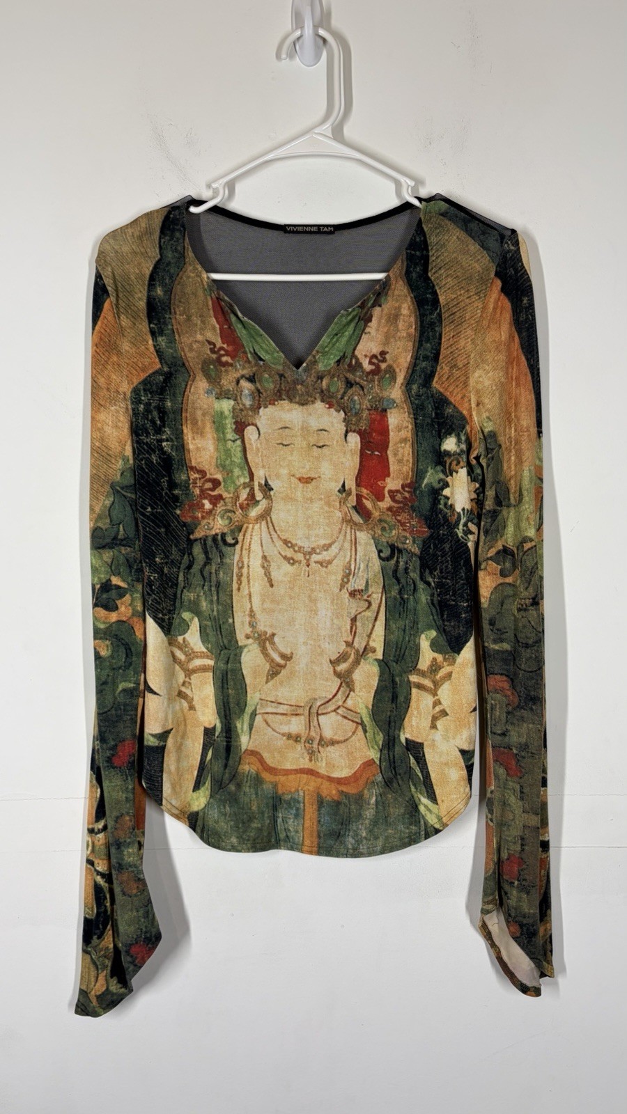RARE VTG Vivienne Tam Buddha Mesh Back Long Sleeve Top XS? SEE MEASUREMENTS