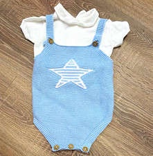 Rock a Bye Baby Boutique Blue & White Star Knit Cotton Romper, 0-3 Months