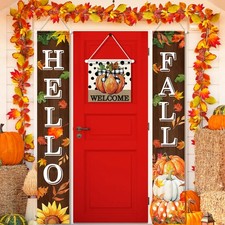 3pcs Fall Welcome Door Banner Hello Fall Banners for Front Door Hanging Porch...