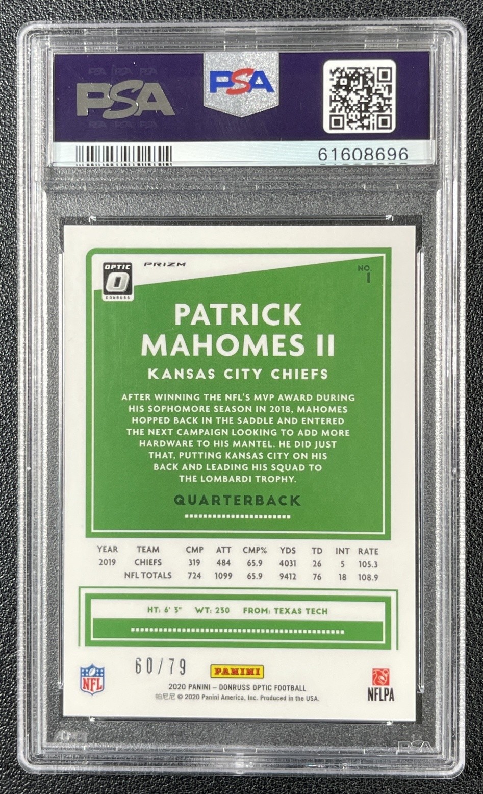 PATRICK MAHOMES II PSA 10 2020 PANINI DONRUSS OPTIC #1 PINK VELOCITY PRIZM 60/79 view 2