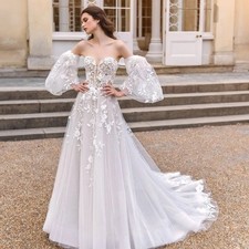 Off Shoulder See-Through Wedding Dress Applique Lace Embellishments Bride Gown