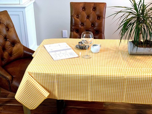 Alux Gingham Oilcloth Tablecloth - 55 x 70 Inch Rectangle, Yellow, White - Picture 3 of 6