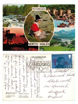 Vintage Postkarte - Nordwales Mehrfachansicht, Schloss, Wasserfall, Mädchen - VERSCHICKT