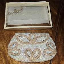 La Regale Hand Beaded Evening Bag Faux Pearl Sequin Bridal Clutch Mid Century...