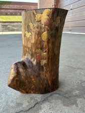 Jarrón tronco árbol hoja Ikebana madera Kiri forrado de cobre vintage años 30 patrón árbol