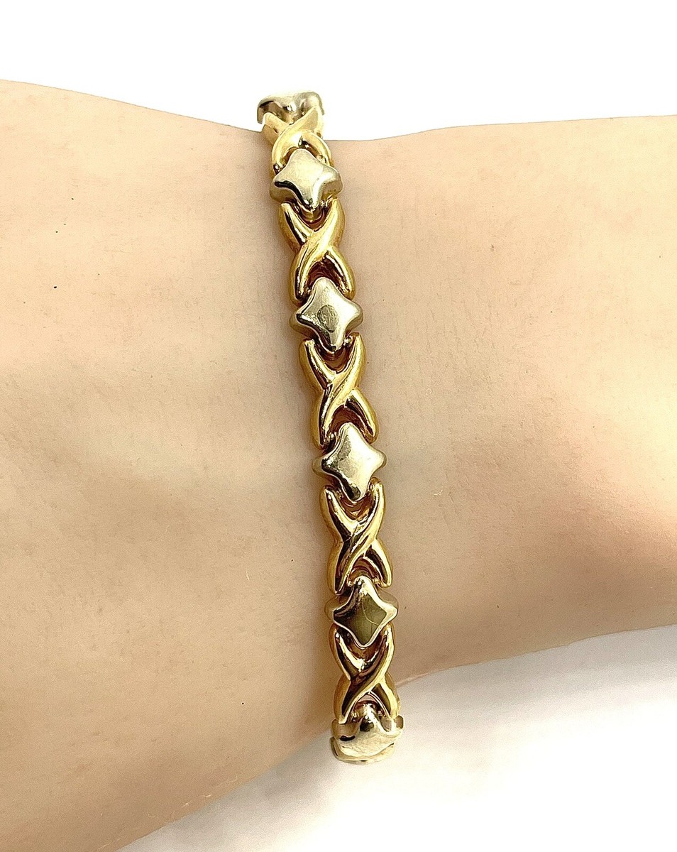 14k yellow gold AB ITALY xo bracelet two tone box clasp 7 inch