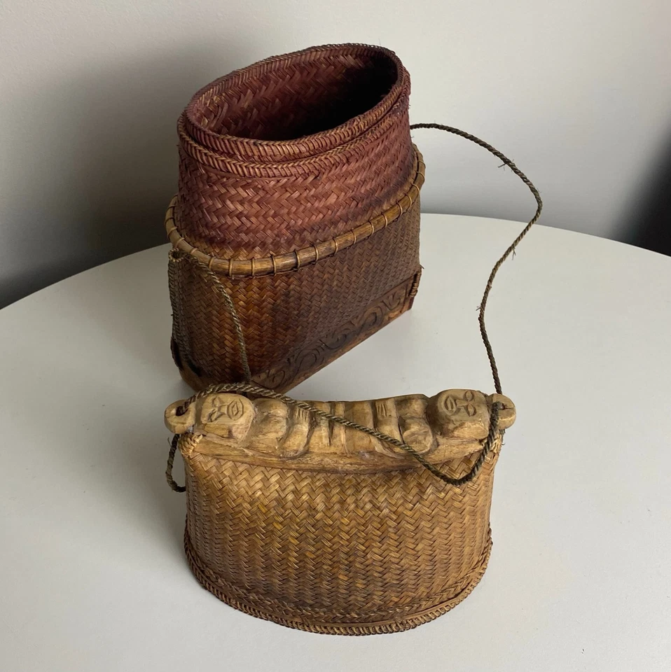 Antique Indonesian / Asian Hand Woven Covered Fishing Basket w Carved Wood Woman - image 2 of 4