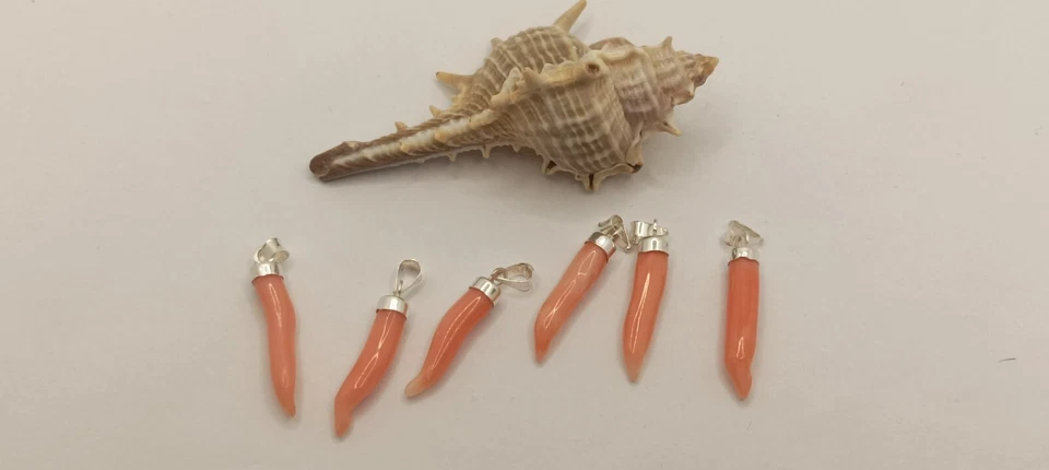 CIONDOLO CORNO CORNETTO CORALLO ROSA NATURALE ARGENTO 925/1000 RODIATO EXPLOIT - Immagine 3 di 4