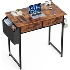 32" Office Small Computer Desk,Home Study Table with 2 Fabric Drawers & Side Bag
