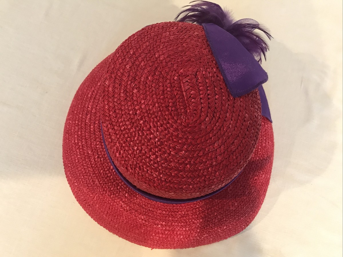Red Wide Brim Straw With Purp Satin / Feather Formal Church  display picture 2