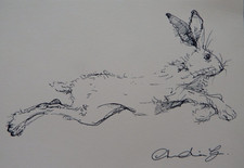 Original small black pen & ink drawing of a hare leaping on ivory white paper