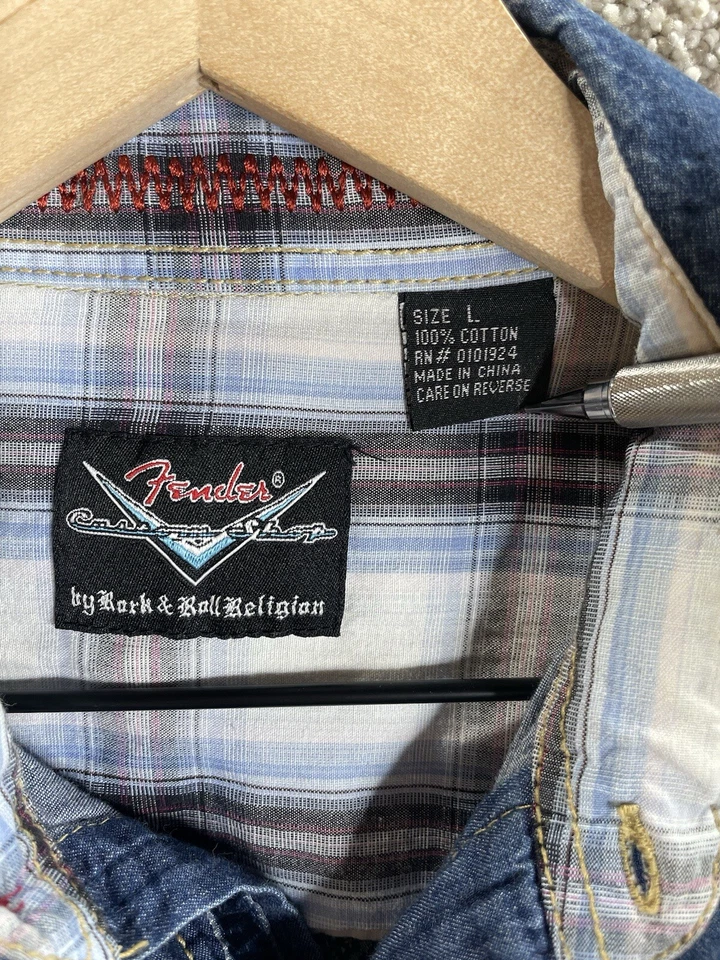 Camisa FENDER RARA Para Hombre L Personalizada Shop By Rock And Roll Religion Denim Abotonada Foto 3 de 4