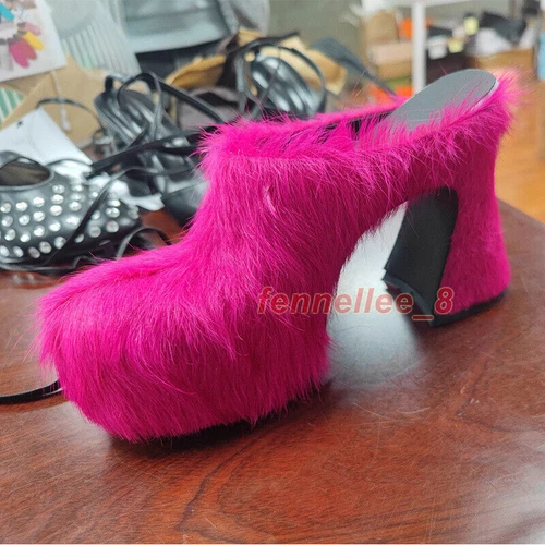 Zapatos de mula de crin de caballo con plataforma de tacón alto grueso talla grande para mujer - Imagen 12 de 31