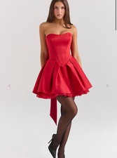 house of cb dress, size small, red satin, detachable bow, built in corset
