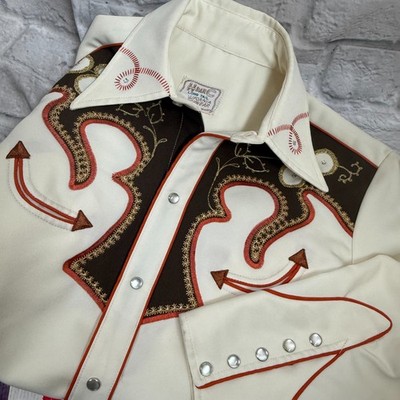 Vtg H BAR C California Ranchwear Cowboy Western Hemd Med Bestickt Langer Schwanz