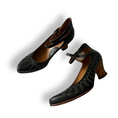 John Fluevog Black  Leather Top Stitch  Ayers  Strappy Mary Jane Heels, Size 7