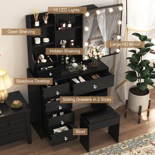 Vanity Desk Set w/ LED Lights Sliding Mirror Makeup Dressing Table and Stool