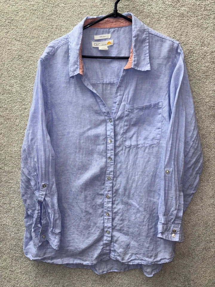 C&C California Linen Shirt Women's 1X Blue Button Up Blouse Roll Tab Sleeves - Image 2 of 4