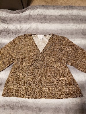 Susan Graver Style Bustier Cut ¾ Sleeve Leopard Print V Neck ruched Bell Top 2x