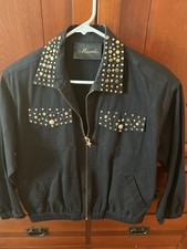 VTG Black Cotton ZipUp Jacket Gold Rhinestone Stars Studs SZ PS Pockets