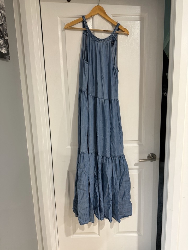 Next Blue Denim Maxi Dress V-Neck Sleeveless Long Braided Accents Size 8