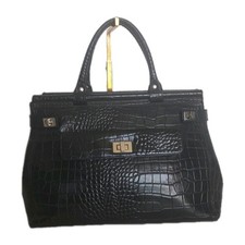 Jasper Conran Black Croc Embossed Leather Satchel Handbag Silver Hardware